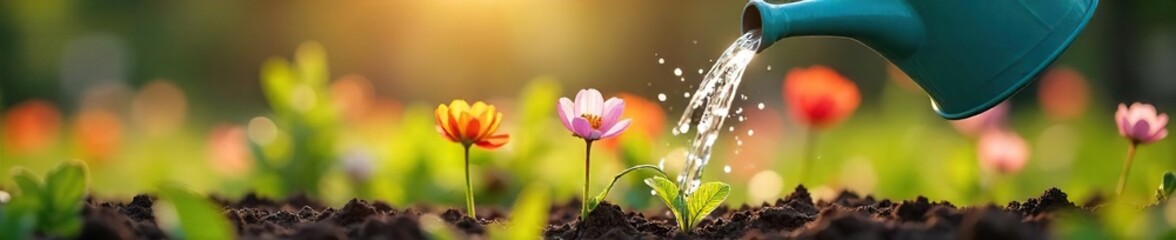 Watering Spring Flowers in Sunlight Close-up of Gentle Hydration and New Growth