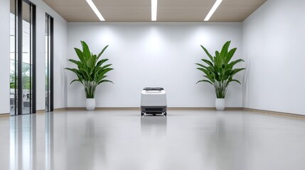 Modern Clean Room with Two Green Plants and a Vacuum Cleaner on Glossy Floor
