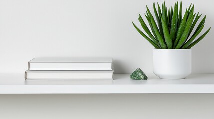 Minimalist Shelf Display with Green Plant, Books, and Natural Stone Decoration