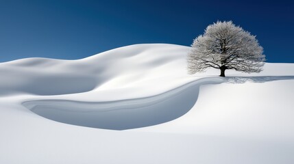 Serene Winter Landscape with Lone Tree and Crisp Snow-Covered Hills