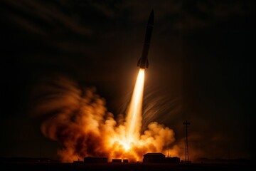 Nighttime Missile in Flight Illuminates Dark Sky with Bright Flame and Smoke