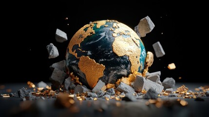 Earth Surrounded by Crumbling Rocks and Shards of Gold in a Dark Background