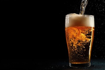 Pouring Beer into Glass on Black Background with Copy Space for Beer Festival Web Banner