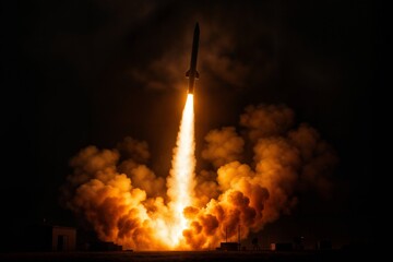 Nighttime Missile in Flight Illuminates Dark Sky with Bright Flame and Smoke