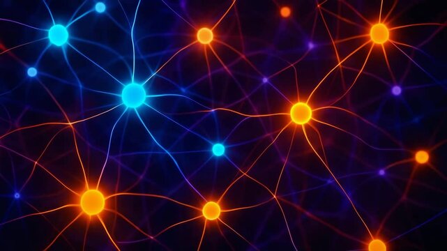 An abstract representation of neural networks, showcasing vibrant blue and orange nodes connected by intricate lines, symbolizing complex data and communication in modern science.