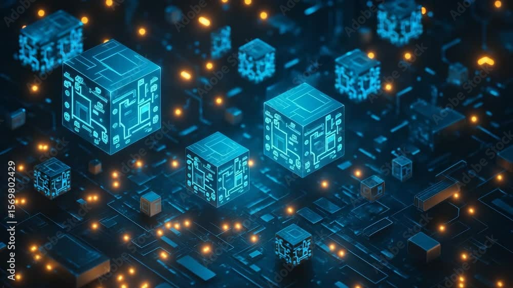 Aufkleber a vibrant representation of a digital circuit board featuring glowing cubes, symbolizing advanced te