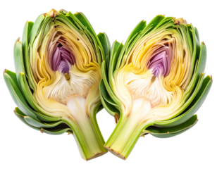 Two Halved Artichokes Revealing Inner Heart and Layers, Angled View, Isolated on Transparent Background