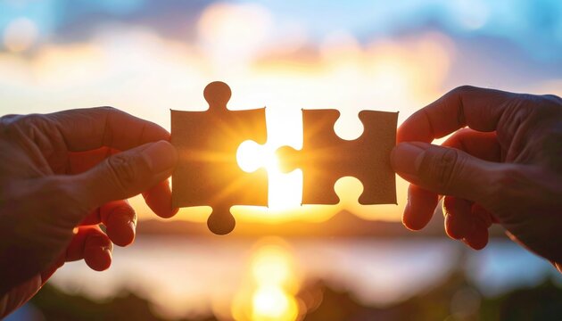Joining Forces: Human hands delicately align two puzzle pieces against a radiant sunlit background, perfectly symbolizing unity, synergy, and collaboration.