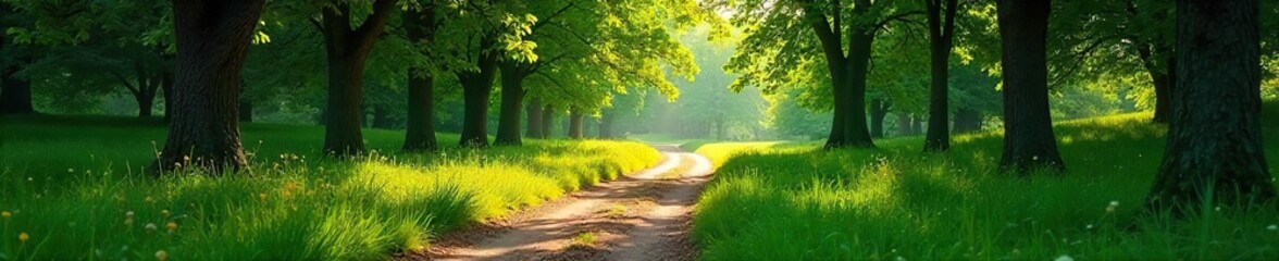 Winding Path Through Lush Spring Landscape, Sunlight Dappling Leaves, Inviting Exploration and Adventure