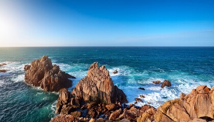rugged coastal rock formations in sunlight with blue ocean and waves
