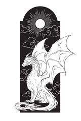 Dragon folklore magic animal over sky with sun and clouds hand drawn line art gothic tattoo design isolated vector illustration