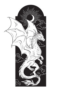 Dragon folklore magic animal over night sky with crescent moon and clouds hand drawn line art gothic tattoo design isolated vector illustration