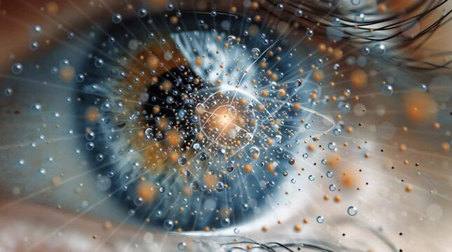 Close-up of a human eye reflecting a microcosm of atomic particles. A surreal fusion of vision, science, and consciousness—ideal for themes of perception, quantum physics, and futurism.
