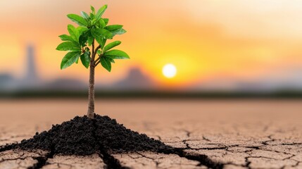 Young Tree Growing in Cracked Soil with Sunset Background and Hopeful Atmosphere