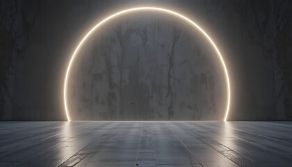 Futuristic Neon Light Arch on Concrete Wall and Floor Background