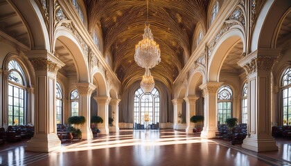 Fototapeta premium opulent architectural design a stunning depiction of a grand luminous hall showcasing a symmetrical design with elegant features including high arched windows and ornate chandeliers