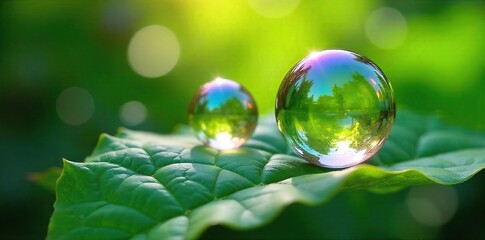 Iridescent Soap Bubbles on Lush Green Leaf in Sunlight Delicate, Ephemeral Beauty