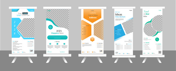 Roll up banner design for business events, presentations and for marketing in print ready blue, orange, red, green, purple 