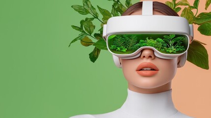 Woman Wearing Virtual Reality Headset Surrounded by Green Plants and Nature Elements