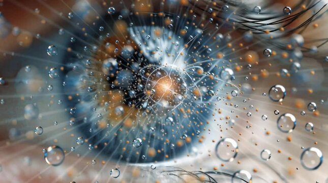 Close-up of a human eye reflecting a microcosm of atomic particles. A surreal fusion of vision, science, and consciousness&mdash;ideal for themes of perception, quantum physics, and futurism.
