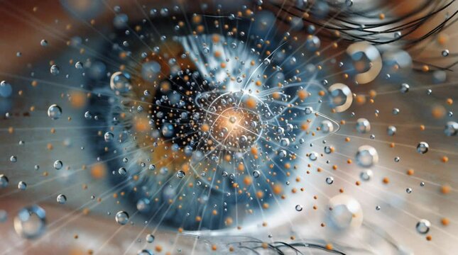 Close-up of a human eye reflecting a microcosm of atomic particles. A surreal fusion of vision, science, and consciousness&mdash;ideal for themes of perception, quantum physics, and futurism.
