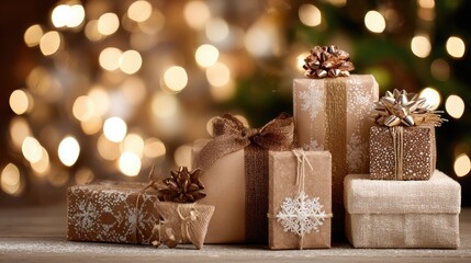 Pile of Christmas gifts with decorative wrapping set against a softly lit holiday background