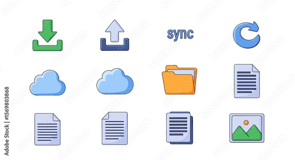 Poster illustration of cloud storage icons including download upload sync and file management elements desi