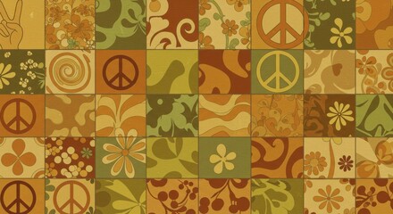 Retro peace sign and floral patterned tile mosaic in earth tones