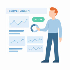 Flat Style Detailed Server Admin Pointing at Dashboard Analytics Illustration