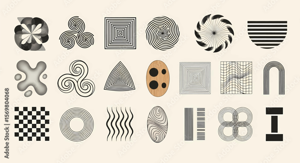 Poster high-contrast geometric and curvilinear shapes in a grid pattern