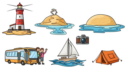 Cartoon illustration showing lighthouse islands camera bus sailboat tent and people in a vacation scene