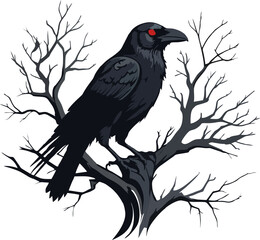 Dark Horror Crow Perched on Dead Tree Branch Vector Illustration