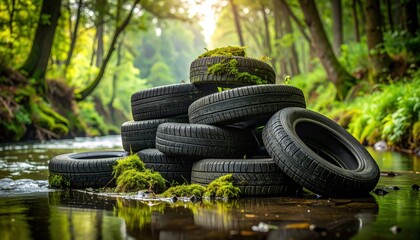 Discarded Tires by River: A pile of old tires sits discarded by a pristine river in a lush forest, highlighting environmental pollution and irresponsible waste disposal.
