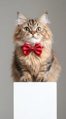Adorable long-haired cat with red bow tie posing on white pedestal
