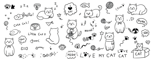 Hand drawn cute cat element line doodle concept set. Illustration vector design. © FYDesign