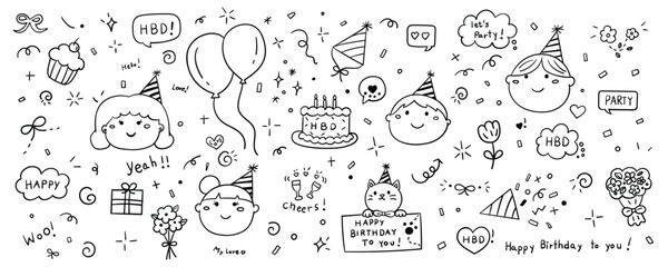 Hand drawn happy birthday element line doodle set. Illustration vector design.