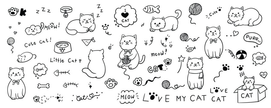 Hand drawn cute cat element line doodle concept set. Illustration vector design.