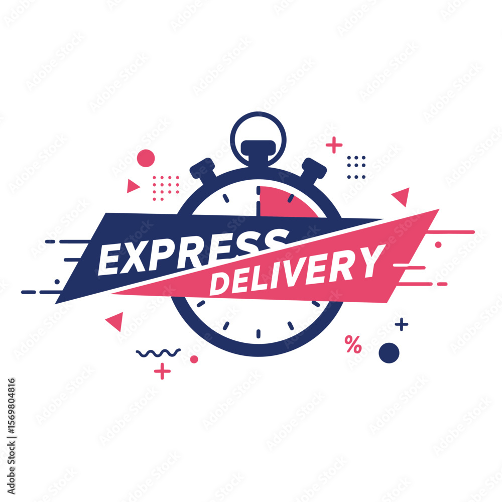 Poster fast express delivery service emblem featuring a stopwatch and dynamic banner.