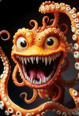 A terrible creature with big teeth and tentacles. Illustration on the theme of cartoons and klmix, horror and monsters.