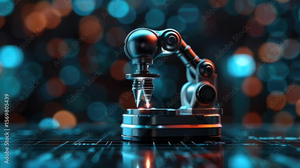 Poster precision robotics: advanced robotic arm in action with futuristic tech and glowing lights