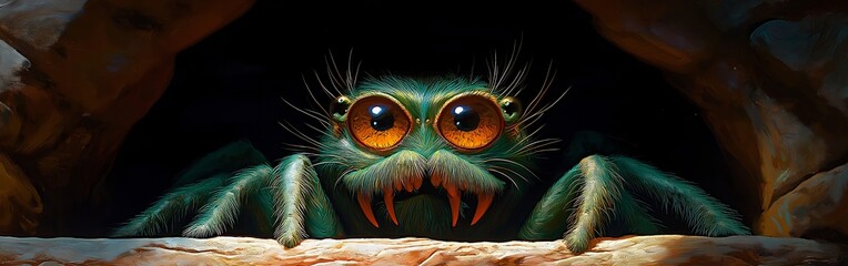 Spider crawling out of a stone hole. Illustration on the theme of cartoons and comics, insects and nature.