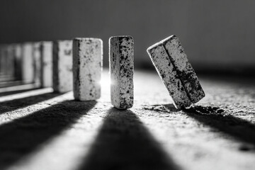 Systemic balance is shown this black and white image of dominoes falling sequence with dramatic light and shadow creating powerful visual effect