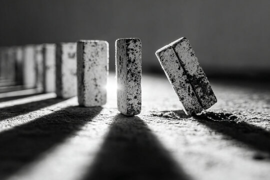 Systemic balance is shown this black and white image of dominoes falling sequence with dramatic light and shadow creating powerful visual effect