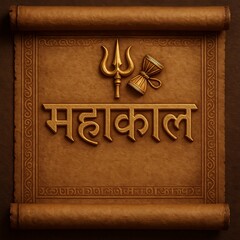 Vintage Hindu Artwork of Mahakal in Golden Text with Scroll Background