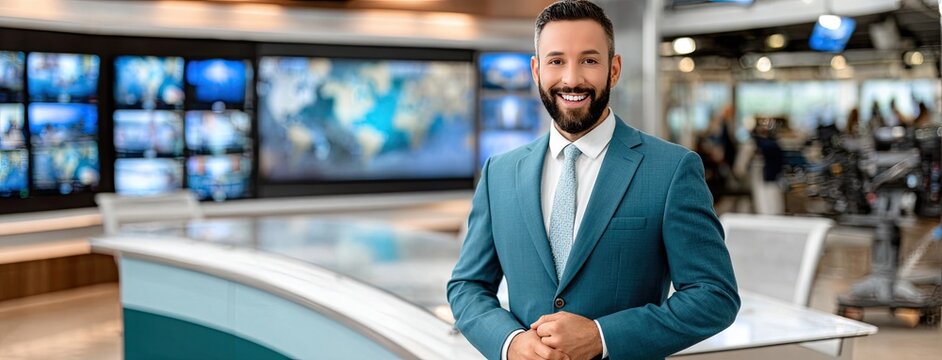 Handsome man in blue suit presenting in TV news studio with green screen and white table desk for product display at professional broadcast setting