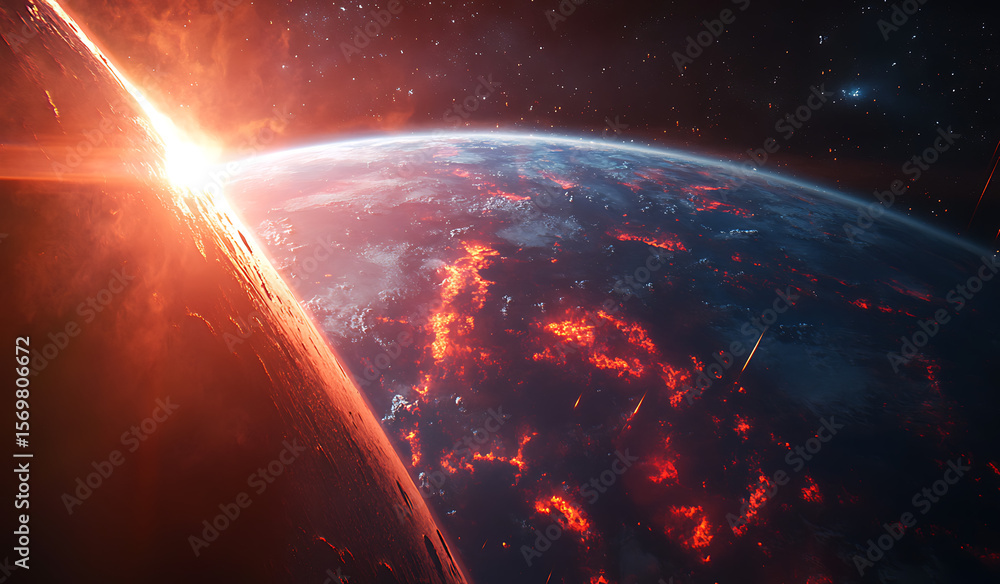 Poster an astronaut floating in space, looking at the earth from orbit. the planet is covered by red and bl
