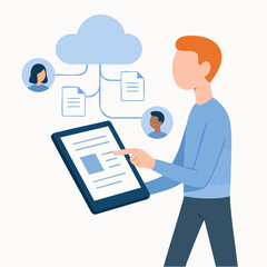 Flat Style Illustration of Man using Tablet Accessing Cloud Data Storage