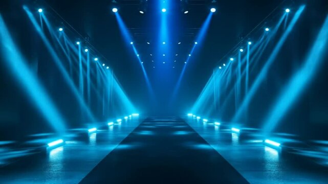 A dark runway with bright blue spotlights and a central path extends into the distance.