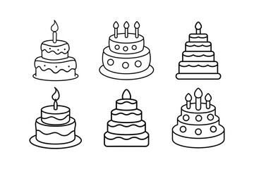 Beautiful birthday cake set of line art vector illustration