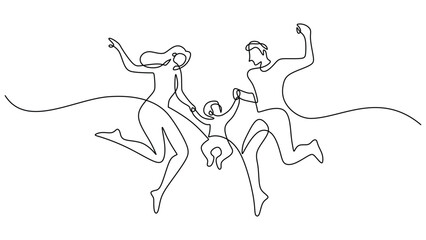 Family One Line Drawing . Energetic Jumping people with energy. Continuous line art minimalist.